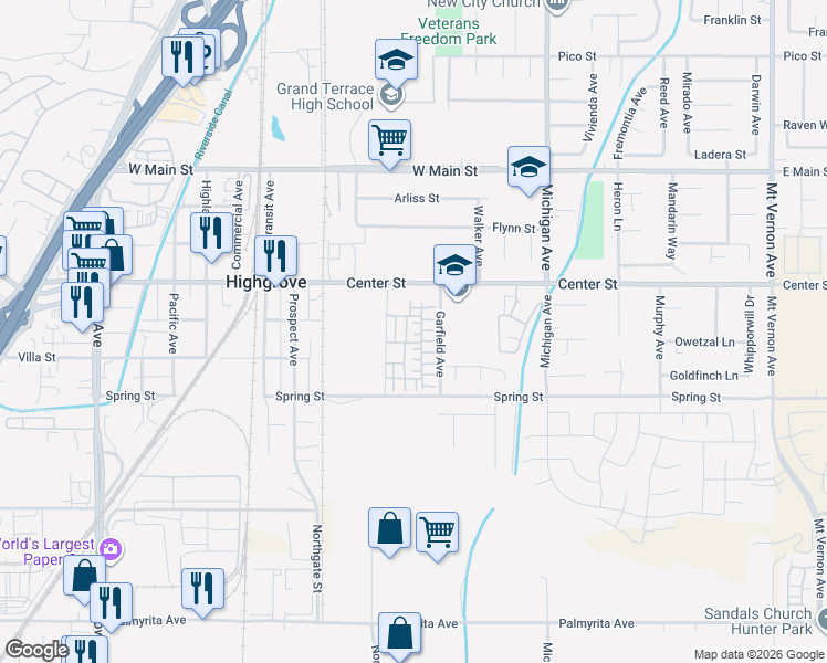 map of restaurants, bars, coffee shops, grocery stores, and more near 7222 Olive Grove Street in Riverside