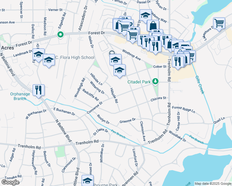 map of restaurants, bars, coffee shops, grocery stores, and more near 5000 Wittering Drive in Columbia