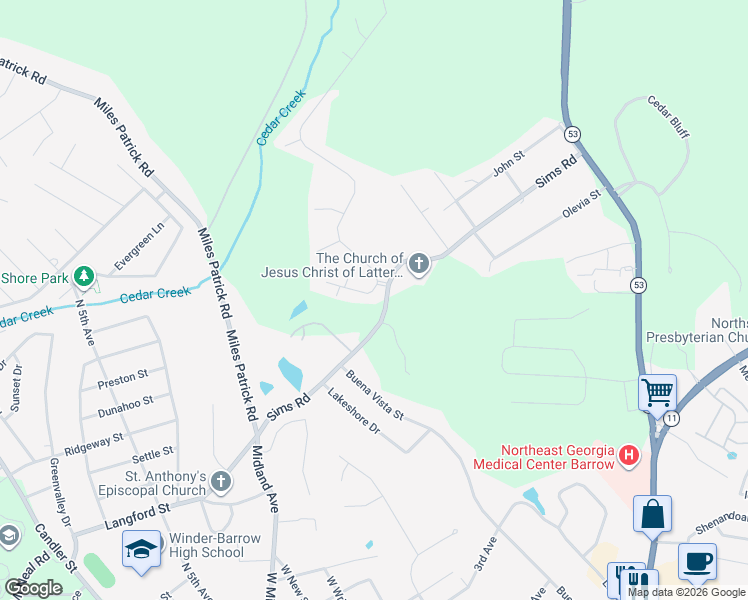 map of restaurants, bars, coffee shops, grocery stores, and more near 72 Sims Road in Winder