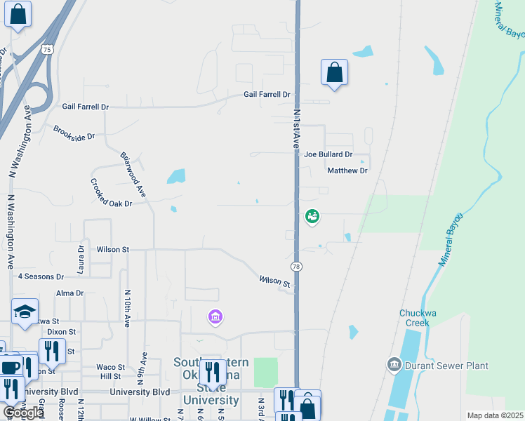 map of restaurants, bars, coffee shops, grocery stores, and more near 215 Northridge Drive in Durant