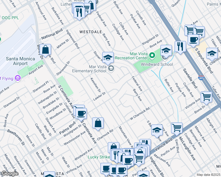 map of restaurants, bars, coffee shops, grocery stores, and more near 11931 Lawler Street in Los Angeles