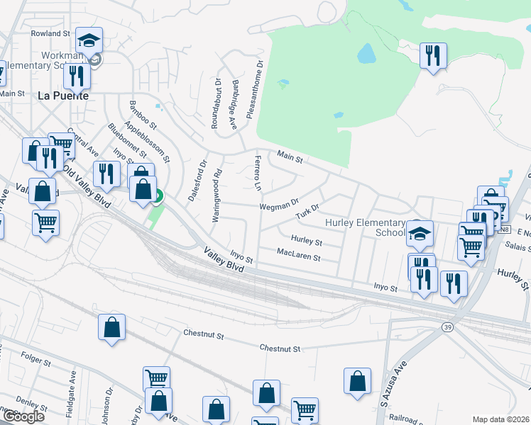 map of restaurants, bars, coffee shops, grocery stores, and more near 567 Ferrero Lane in La Puente