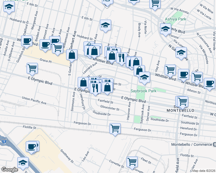map of restaurants, bars, coffee shops, grocery stores, and more near 6071 East Easton Street in East Los Angeles