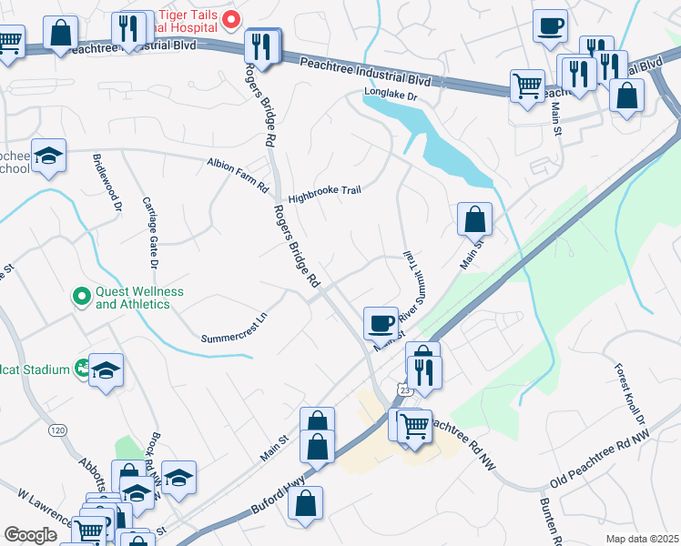 map of restaurants, bars, coffee shops, grocery stores, and more near 2675 River Summit Drive in Duluth