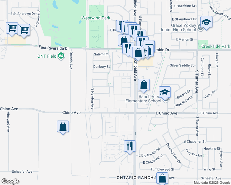 map of restaurants, bars, coffee shops, grocery stores, and more near 3245 Silo Paseo in Ontario