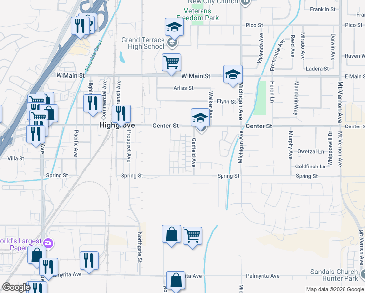 map of restaurants, bars, coffee shops, grocery stores, and more near 7179 Olive Grove Street in Riverside