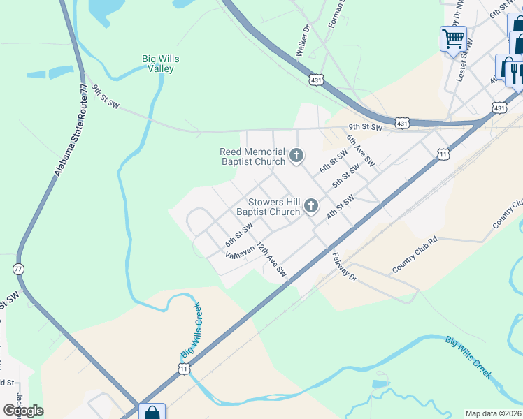 map of restaurants, bars, coffee shops, grocery stores, and more near 520 10th Avenue Southwest in Attalla