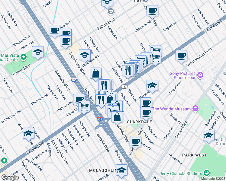 map of restaurants, bars, coffee shops, grocery stores, and more near 11103 Venice Boulevard in Los Angeles