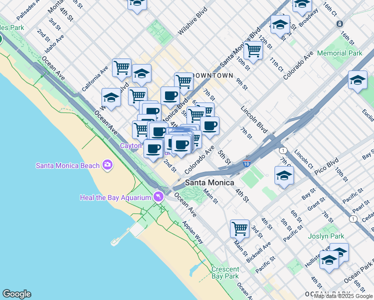 map of restaurants, bars, coffee shops, grocery stores, and more near 395 Santa Monica Place in Santa Monica