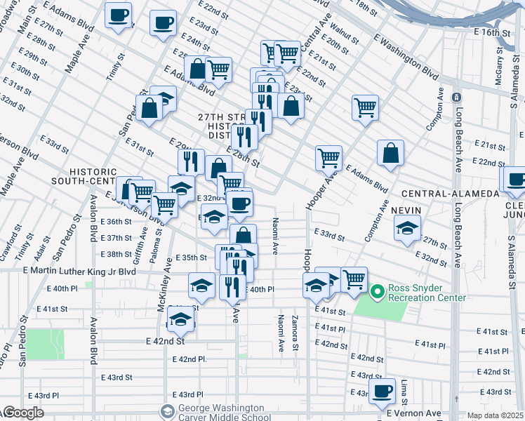 map of restaurants, bars, coffee shops, grocery stores, and more near 1164 East 32nd Street in Los Angeles