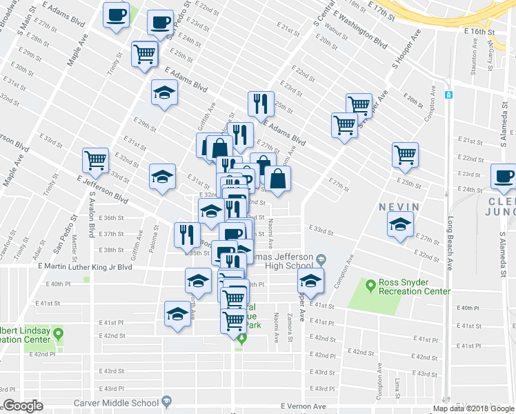 map of restaurants, bars, coffee shops, grocery stores, and more near 1164 East 32nd Street in Los Angeles
