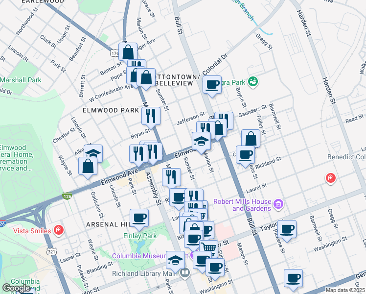 map of restaurants, bars, coffee shops, grocery stores, and more near 1301 Elmwood Avenue in Columbia