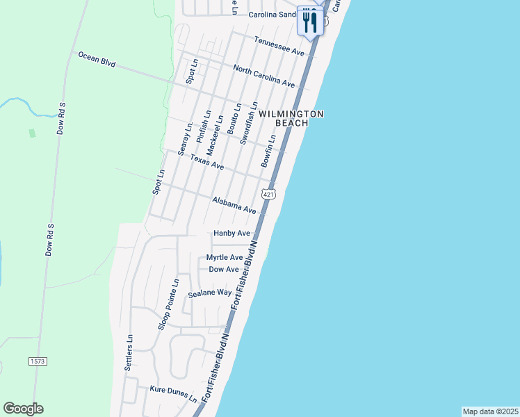 map of restaurants, bars, coffee shops, grocery stores, and more near 107 Alabama Avenue in Kure Beach