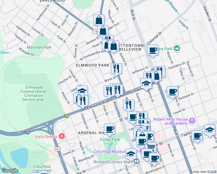 map of restaurants, bars, coffee shops, grocery stores, and more near 1027 Kinard Court in Columbia