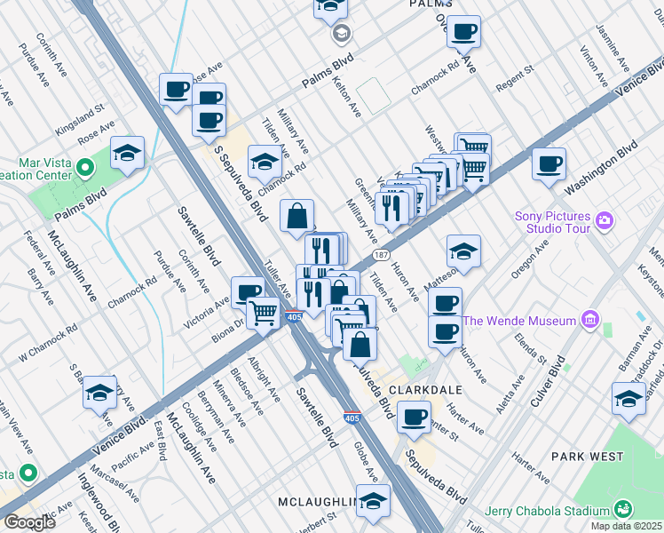map of restaurants, bars, coffee shops, grocery stores, and more near 11103 Venice Boulevard in Los Angeles