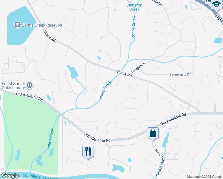 map of restaurants, bars, coffee shops, grocery stores, and more near 5185 Buice Rd in Alpharetta