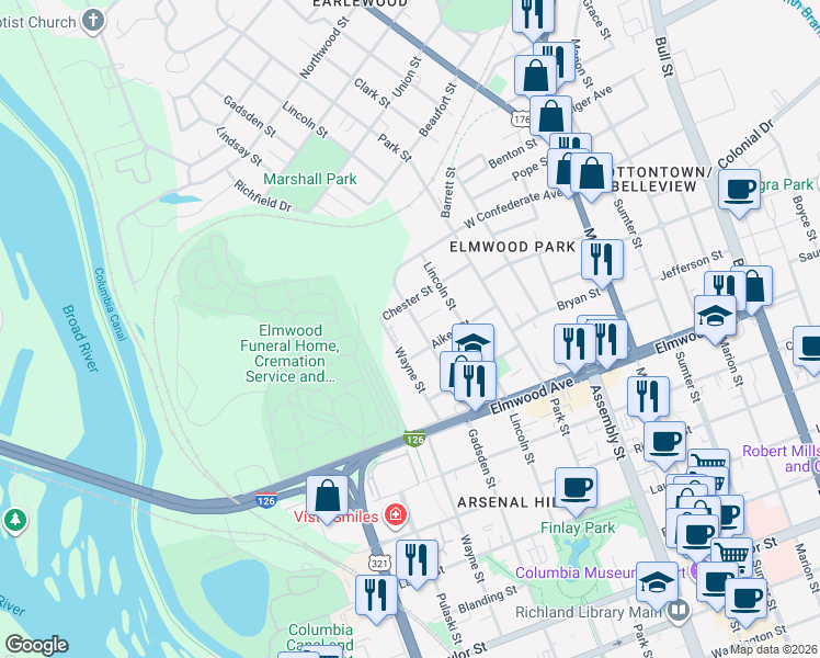 map of restaurants, bars, coffee shops, grocery stores, and more near 2319 Gadsden Street in Columbia