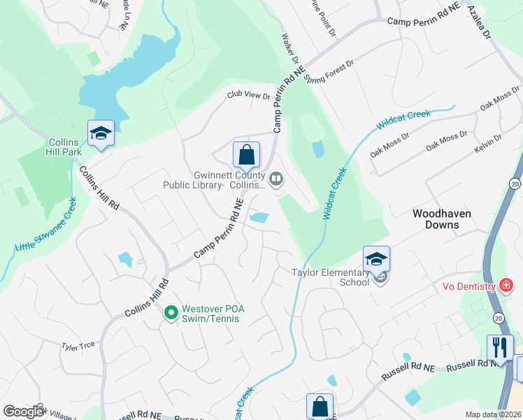 map of restaurants, bars, coffee shops, grocery stores, and more near 425 Chandler Pond Drive Northeast in Lawrenceville