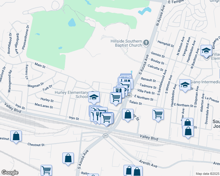 map of restaurants, bars, coffee shops, grocery stores, and more near 17341 Azalea Court in La Puente