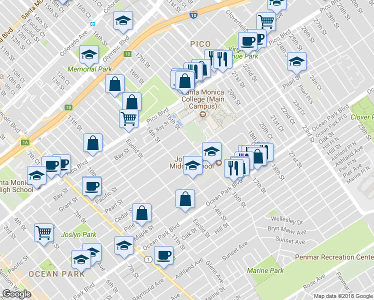 map of restaurants, bars, coffee shops, grocery stores, and more near 1509 Pearl Street in Santa Monica