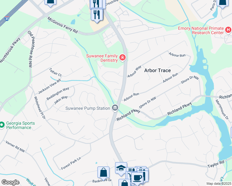 map of restaurants, bars, coffee shops, grocery stores, and more near 550 Devonshire Walk Drive in Suwanee