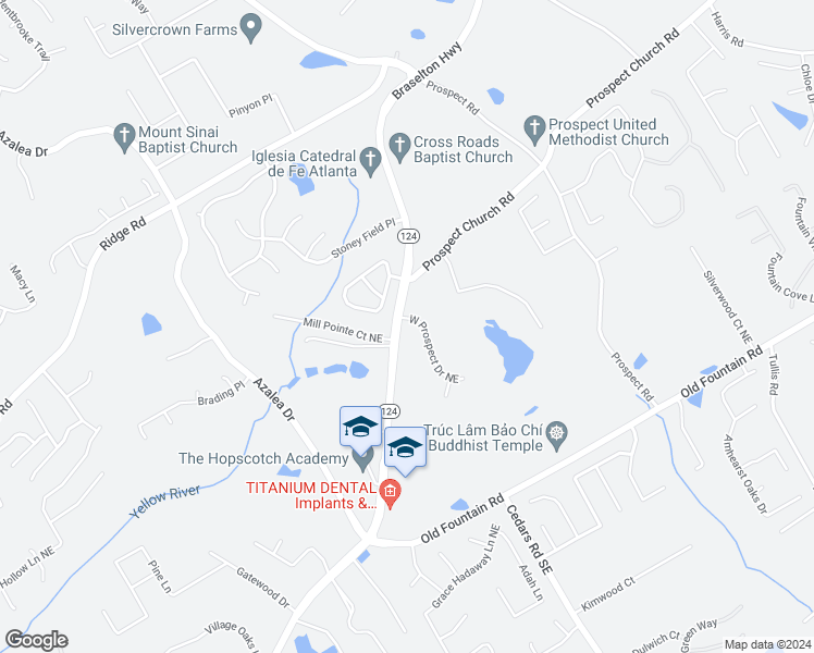map of restaurants, bars, coffee shops, grocery stores, and more near 1353 West Prospect Drive Northeast in Lawrenceville