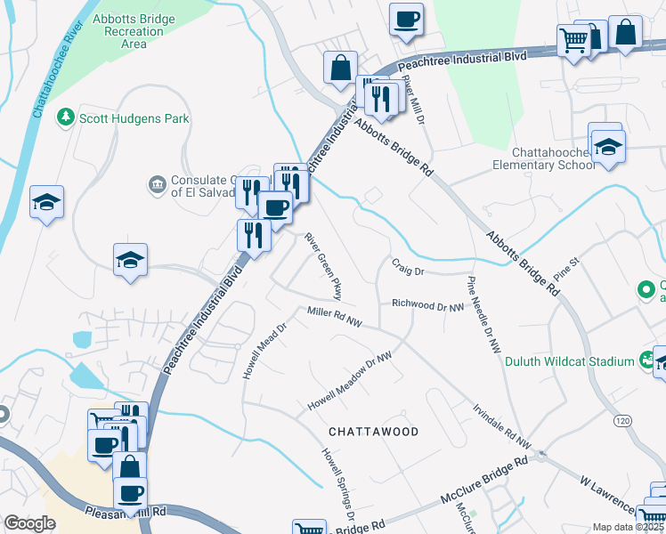 map of restaurants, bars, coffee shops, grocery stores, and more near 4015 River Green Parkway in Duluth