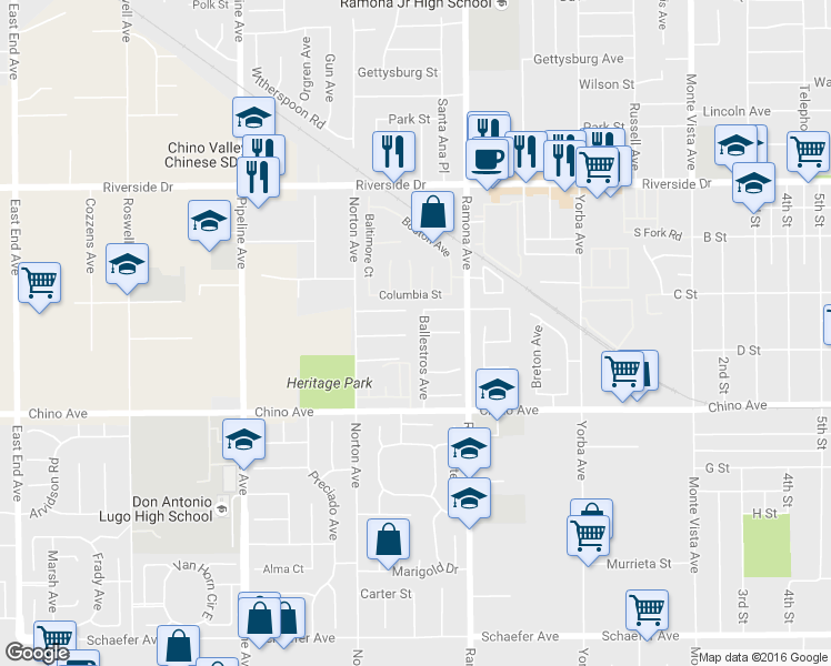 map of restaurants, bars, coffee shops, grocery stores, and more near 13150 Ballestros Avenue in Chino