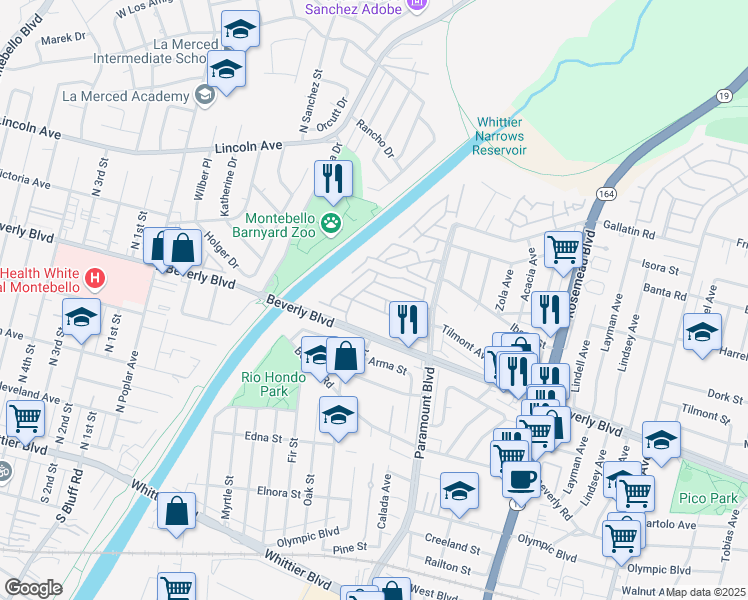 map of restaurants, bars, coffee shops, grocery stores, and more near in Pico Rivera