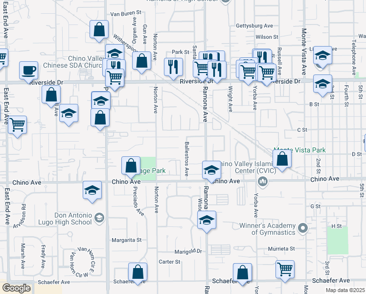 map of restaurants, bars, coffee shops, grocery stores, and more near 13150 Ballestros Avenue in Chino