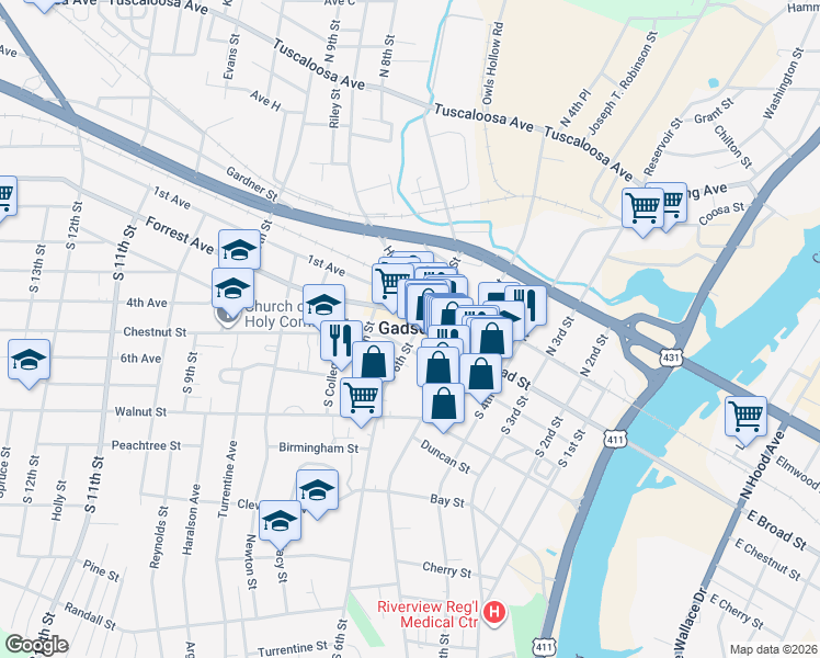 map of restaurants, bars, coffee shops, grocery stores, and more near 600 Broad Street in Gadsden