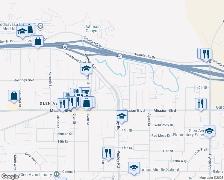 map of restaurants, bars, coffee shops, grocery stores, and more near 4041 Pedley Road in Riverside