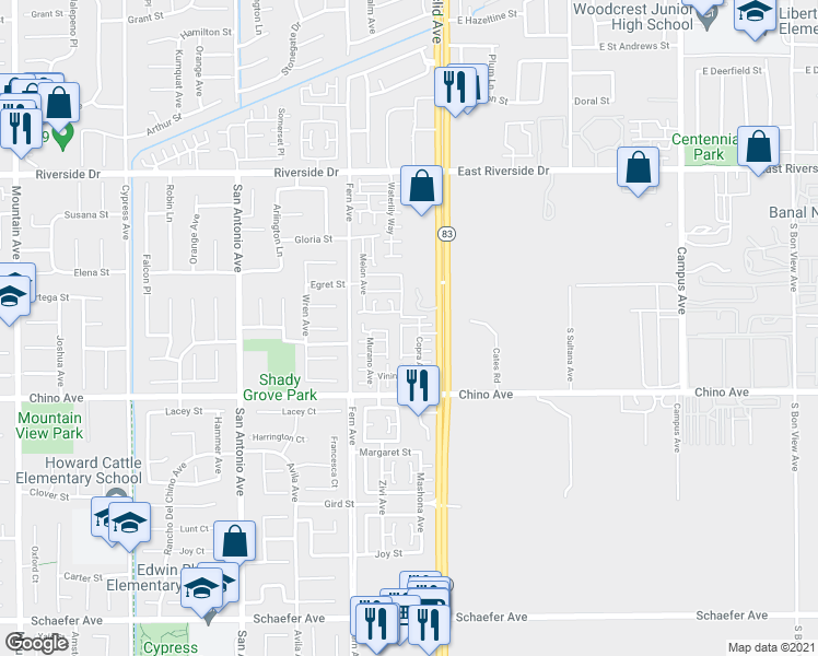 map of restaurants, bars, coffee shops, grocery stores, and more near 13188 Stellar Avenue in Chino