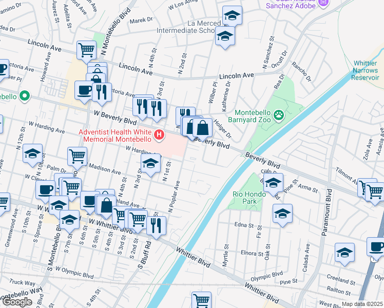 map of restaurants, bars, coffee shops, grocery stores, and more near 408 North Poplar Avenue in Montebello