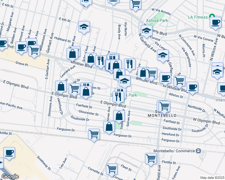 map of restaurants, bars, coffee shops, grocery stores, and more near 1013 Hanover Avenue in East Los Angeles