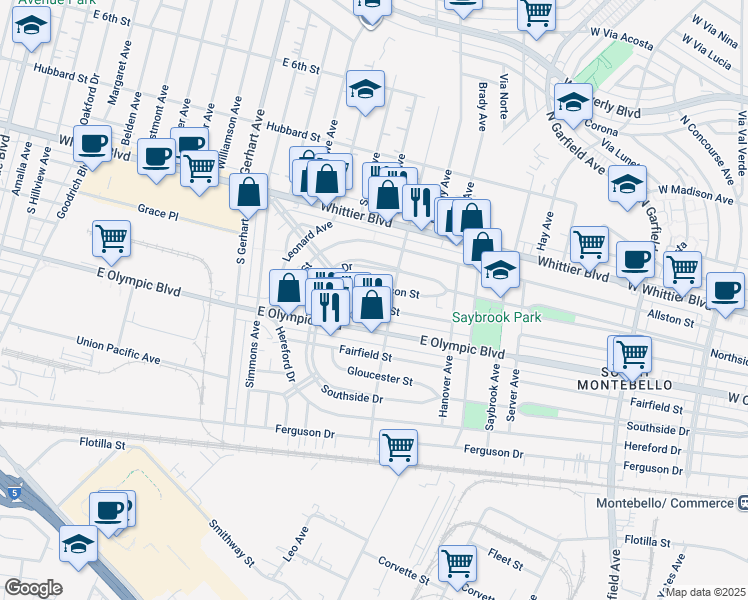 map of restaurants, bars, coffee shops, grocery stores, and more near 6071 East Easton Street in East Los Angeles
