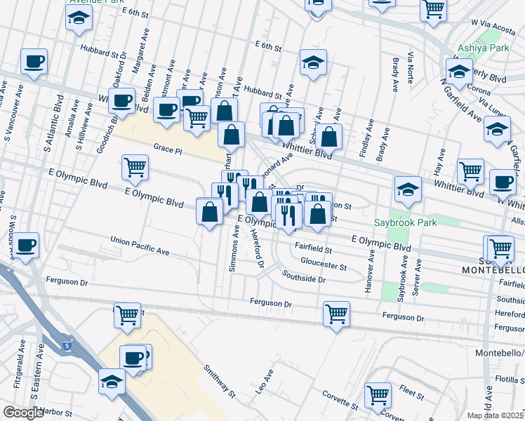 map of restaurants, bars, coffee shops, grocery stores, and more near 5931 East Olympic Boulevard in East Los Angeles