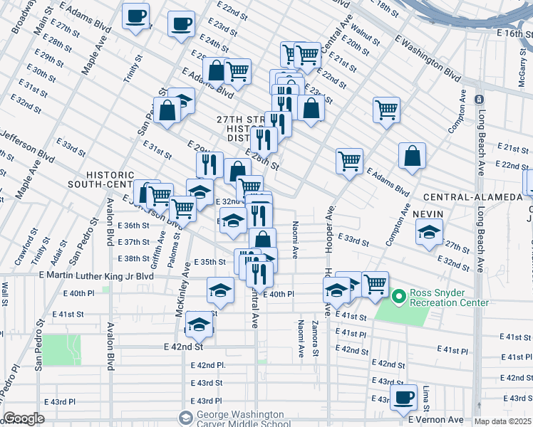 map of restaurants, bars, coffee shops, grocery stores, and more near 1141 East 33rd Street in Los Angeles
