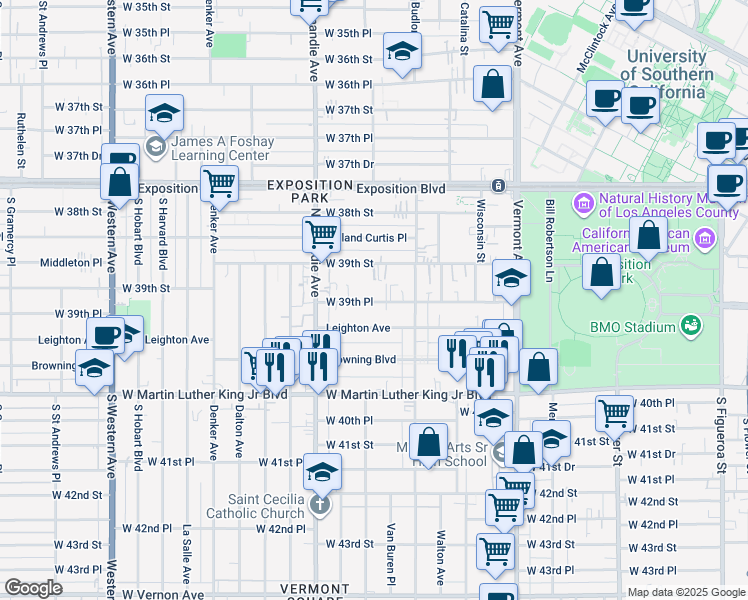 map of restaurants, bars, coffee shops, grocery stores, and more near 1200 West 39th Place in Los Angeles