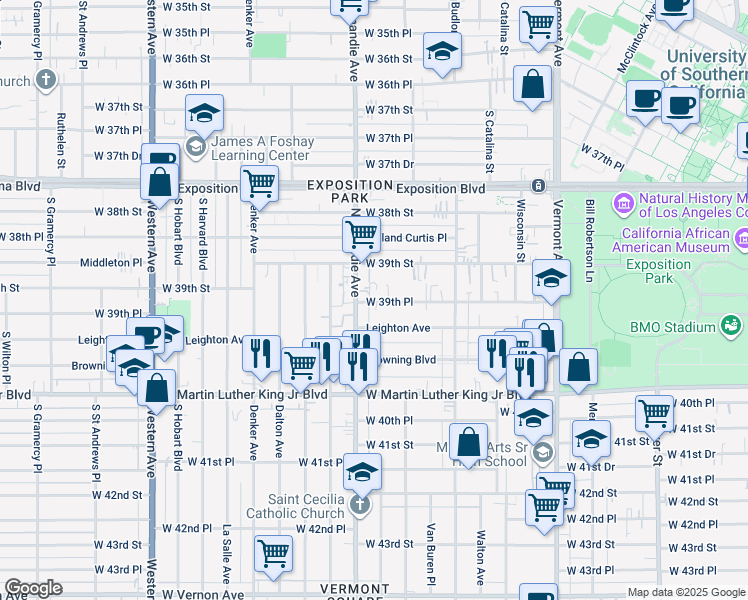 map of restaurants, bars, coffee shops, grocery stores, and more near 1256 West 39th Place in Los Angeles