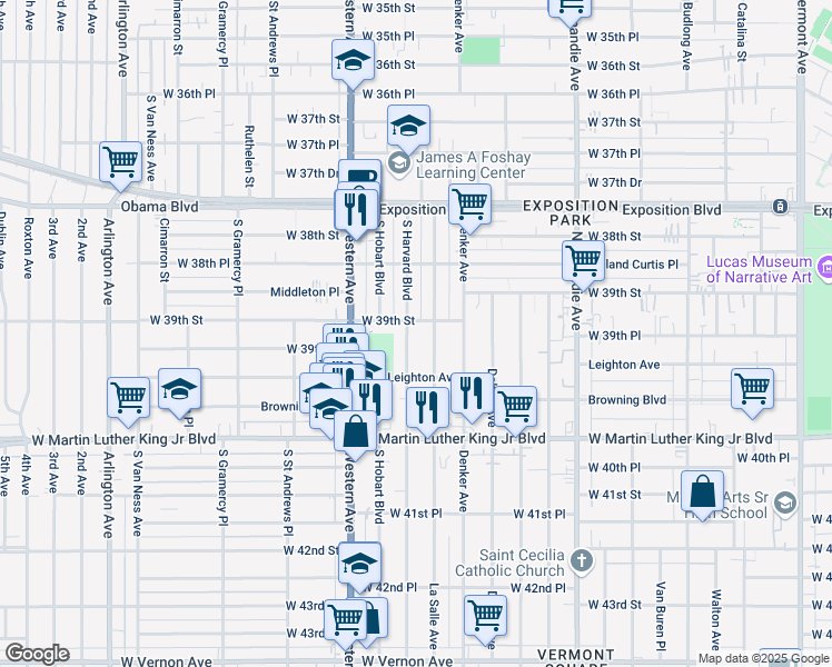 map of restaurants, bars, coffee shops, grocery stores, and more near 3914 South Harvard Boulevard in Los Angeles