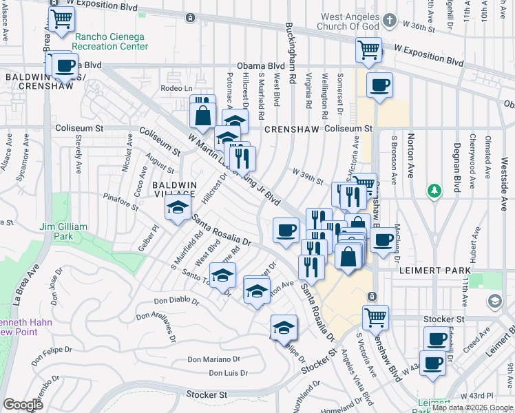 map of restaurants, bars, coffee shops, grocery stores, and more near 4018 Buckingham Road in Los Angeles
