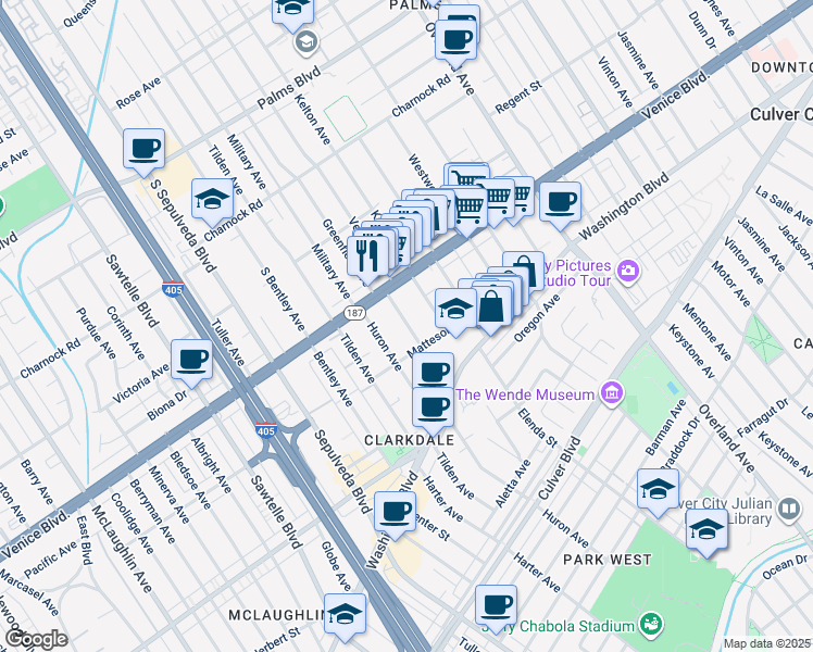 map of restaurants, bars, coffee shops, grocery stores, and more near 3864 Prospect Avenue in Culver City