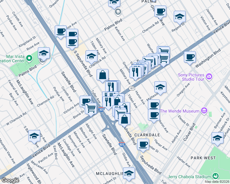 map of restaurants, bars, coffee shops, grocery stores, and more near 11103 Venice Boulevard in Los Angeles