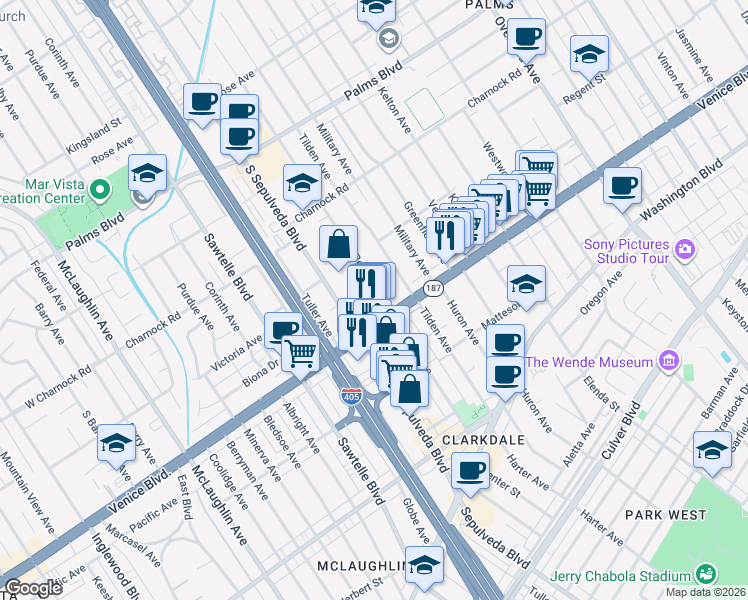 map of restaurants, bars, coffee shops, grocery stores, and more near 11103 Venice Boulevard in Los Angeles