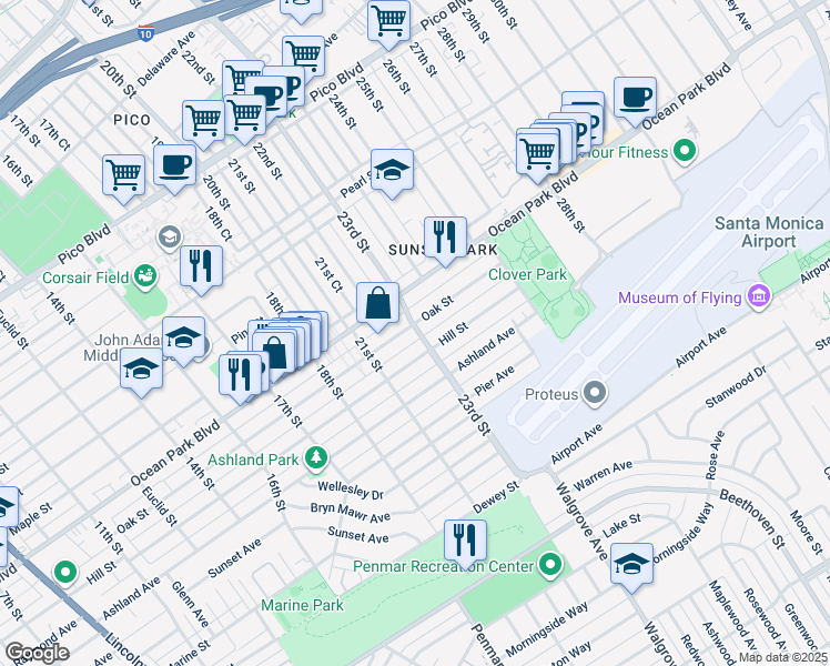 map of restaurants, bars, coffee shops, grocery stores, and more near 2224 Hill Place North in Santa Monica