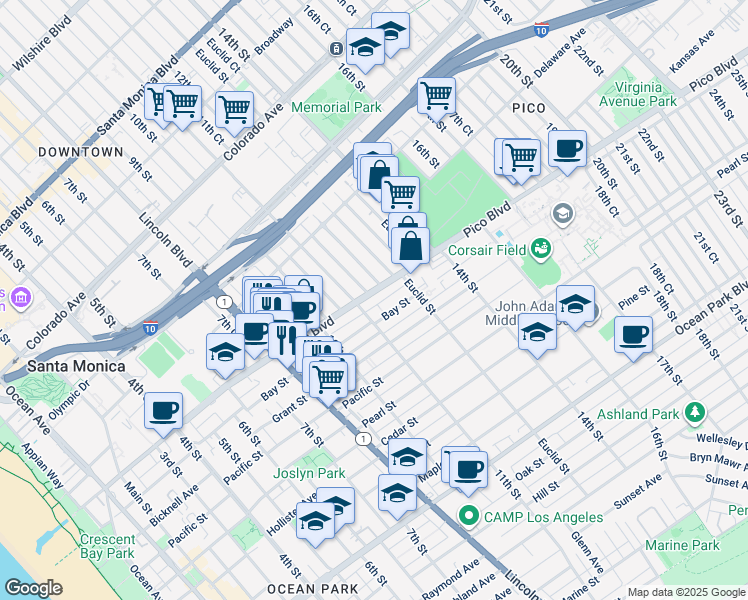 map of restaurants, bars, coffee shops, grocery stores, and more near 1102 Pico Place South in Santa Monica