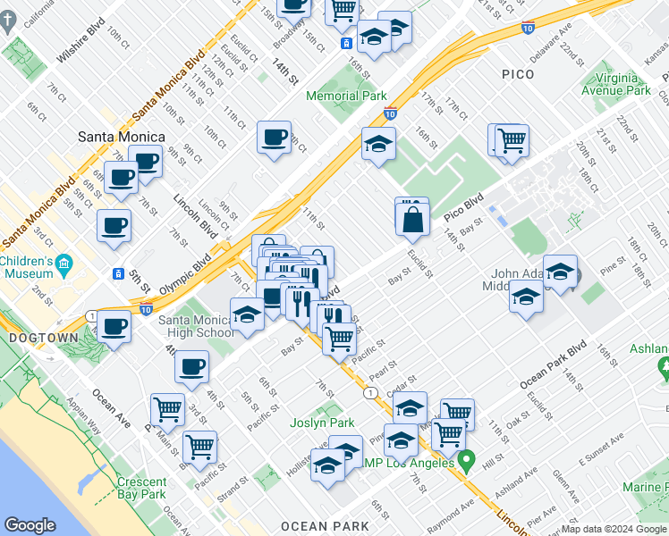 map of restaurants, bars, coffee shops, grocery stores, and more near 1013 Pico Boulevard in Santa Monica