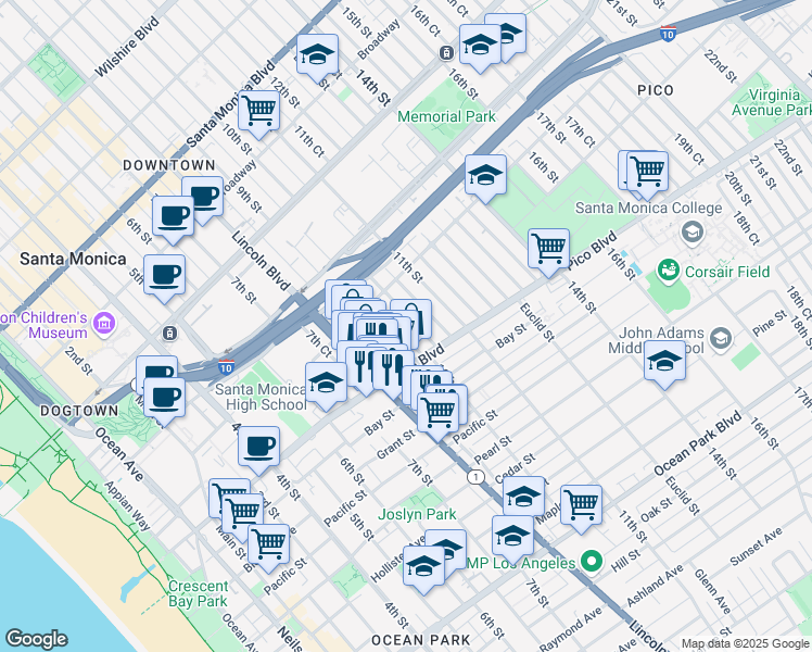 map of restaurants, bars, coffee shops, grocery stores, and more near 1854 10th Street in Santa Monica