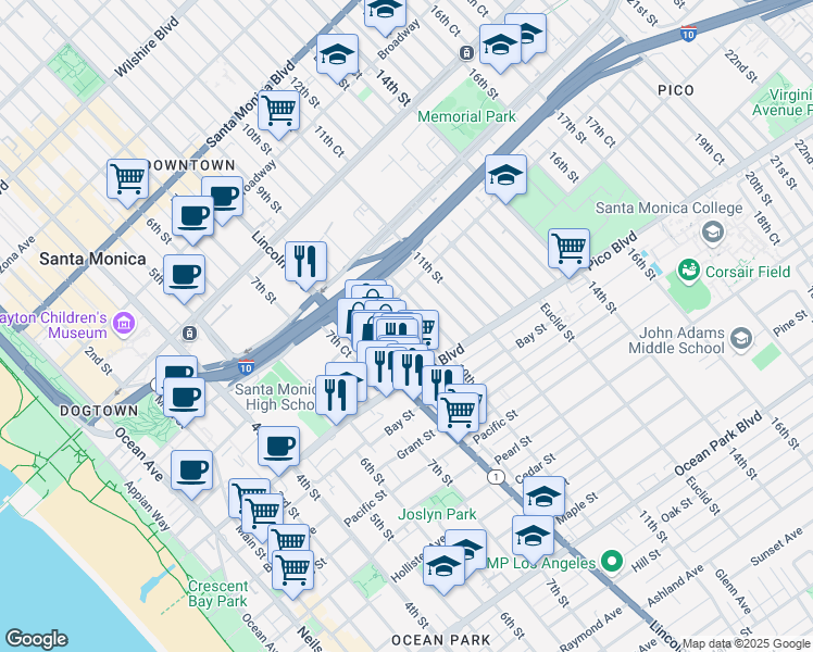 map of restaurants, bars, coffee shops, grocery stores, and more near 1820 9th Street in Santa Monica